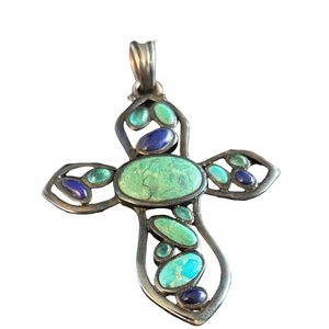 Studio Barse Silver Cross Necklace with Turquoise and Blue Stones